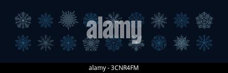Ensemble de beaux flocons de neige esthétiques détaillés dessinés à la main fantaisistes bleu et argent de fond sombre. Veille de Noël, fond de ciel de nuit du nouvel an. Illustration de Vecteur