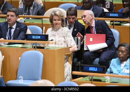 New York, États-Unis. 22 septembre 2025. La Reine Mathilde de Belgique participe à une réunion de haut niveau de l'Assemblée générale à l'occasion du 30e anniversaire de la quatrième Conférence mondiale sur les femmes, pendant la semaine de la 80e session de l'Assemblée générale des Nations Unies (UNGA80), à New York, États-Unis d'Amérique, lundi 22 septembre 2025. BELGA PHOTO TONY BEHAR crédit : Belga News Agency/Alamy Live News Banque D'Images