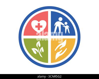 Flat Caring People soins médicaux icônes de feuille combinant la santé, la nature et la compassion. Parfait pour les applications éco-santé, le branding de bien-être, les plateformes numériques Illustration de Vecteur