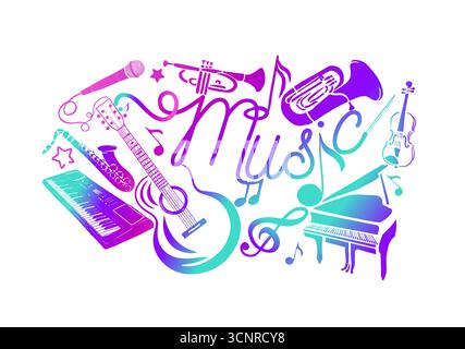 Musique abstraite violet-bleu. De nombreux instruments de musique. dessiné à la main. Pas ai, illustration vectorielle Illustration de Vecteur