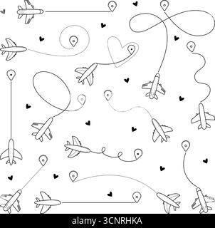 Routes d'avion vectoriel définies, collection de formes de trajectoires d'avion diverses, lignes de suivi de vol avec des destinations. Contour noir et panneaux en pointillés, avion t Illustration de Vecteur