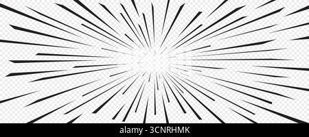 Effet de ligne de vitesse comique anime avec des rayons radiaux noirs sur fond transparent. Fond d'effet de vitesse dans le style comique pour affiches, autocollants, couvertures Illustration de Vecteur