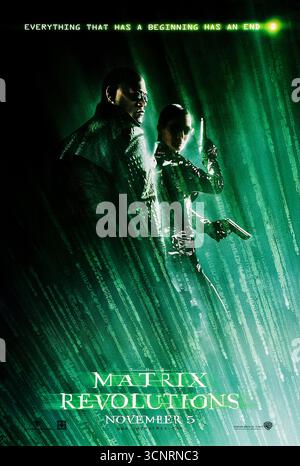 The Matrix Revolutions (2003) réalisé par Lana Wachowski et Lilly Wachowski avec Keanu Reeves, Carrie-Anne Moss et Laurence Fishburne. La bataille finale grimpante entre les humains et les machines se déroule alors que Neo affronte son destin ultime. Photographie d'une affiche originale US Advance de 2003 À USAGE ÉDITORIAL EXCLUSIF. Crédit : BFA / Warner Bros Banque D'Images