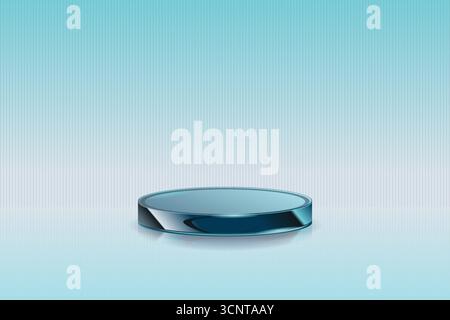 Podium en verre transparent avec objets décoratifs bleus. Stand pour montrer les produits avec espace de copie. Affichage sur piédestal dans une scène propre futuriste. Taille de la bannière Illustration de Vecteur
