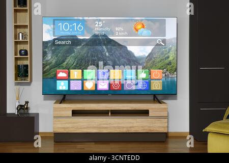 Téléviseur dans la chambre. Menu avec icônes et informations affichées Banque D'Images