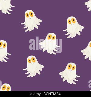 Modèle sans couture d'Halloween avec des fantômes blancs mignons sur fond violet Illustration de Vecteur