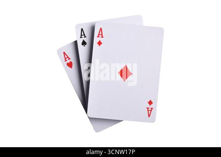 Carte à jouer volante, trois as isolés sur fond blanc Banque D'Images