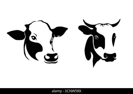 Silhouette de tête de vache , illustrations uniques en noir et blanc de têtes de vache présentant différentes caractéristiques et expressions. Conception de vecteur de vache. Illustration de Vecteur