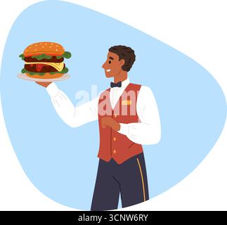 Serveur tenant un grand hamburger sur un plateau. L'homme propose un repas de restauration rapide. Serviteur masculin en uniforme portant un plat de cheeseburger. Personnel de café. Hospitalité du restaurant Illustration de Vecteur