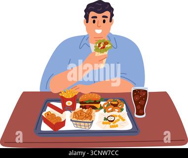 Gros homme avec plateau plein de fast food. Mode de vie malsain. La dépendance aux repas. Mec obèse mangeant hamburger et frites à table. Mâle affamé en surpoids. Ove Illustration de Vecteur