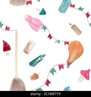 Aquarelle modèle sans couture avec balai, bouteille de potion, champignons, cristaux, gourde, bougies, feuilles de chêne et guirlande festive. Idéal pour la décoration d'Halloween Banque D'Images