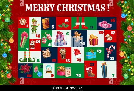 Calendrier de l'Avent de Noël avec des cadeaux de Noël de bande dessinée, chapeau de Père Noël et elfe, biscuit de pain d'épices, bonbons et bas de Noël. Vector Noël vacances d'hiver compte à rebours calendrier de l'AVENT avec décor d'arbre de Noël Illustration de Vecteur