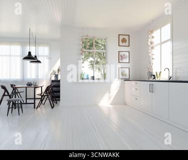 Cuisine-salle à manger : plafond de murs en shiplap, planchers de bois. Éclairage des vitres. Évier supérieur des armoires. Suspensions de chaises de table. Décor : arbre de bouteilles d'art. Copier l'espace. 3D R Banque D'Images
