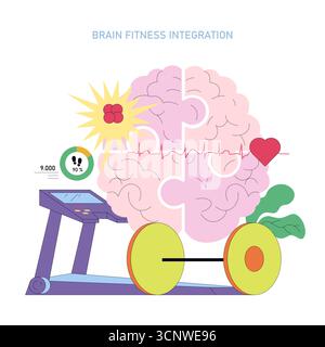 Illustration vectorielle illustrant l'intégration de la forme physique cérébrale avec des éléments tels qu'un cerveau, un tapis roulant, une fréquence cardiaque et des poids. Souligne le lien entre le bien-être physique et mental. Illustration de Vecteur