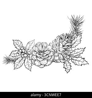 Couronne de cônes, houx et branches de pin, croquis. Illustration vectorielle. Décoration traditionnelle avec brindilles de Noël et gui, isolé sur backgrou Illustration de Vecteur