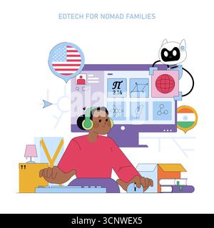Illustration vectorielle d'une personne engagée dans l'apprentissage en ligne avec des symboles éducatifs sur un écran. Conçue pour les familles nomades, l’image met en lumière l’éducation numérique internationale. Illustration de Vecteur
