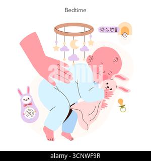 Illustration vectorielle d'un bébé endormi confortablement allongé avec une main réconfortante à proximité. Le bébé est entouré de essentiels pour le coucher, véhiculant un sentiment de paix et de sécurité. Illustration de Vecteur
