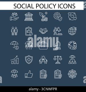 Icône Web de politique sociale définie dans style de ligne. Collection d'icônes linéaires de services sociaux, y compris, soins de santé, famille, éducation, protection, droit, insur Illustration de Vecteur