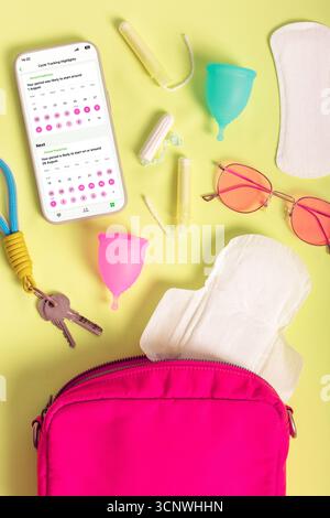 Une vue aérienne des produits d'hygiène féminine, y compris une coupe menstruelle, une serviette hygiénique, des tampons et une application de suivi des périodes, favorisant une période écologique Banque D'Images