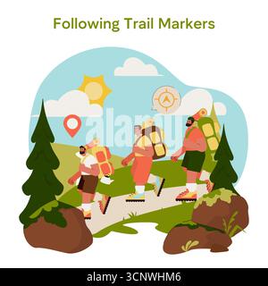Illustration vectorielle colorée de trois randonneurs avec des sacs à dos suivant des marqueurs de sentier sur un paysage luxuriant. La scène capture leur détermination et leur travail d'équipe alors qu'ils naviguent sur les chemins de la nature. Illustration de Vecteur