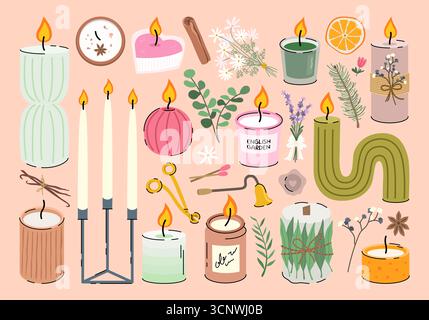 Ensemble de bougies décoratives à la cire brûlante de différentes tailles et formes, accessoires pour bougies, fleurs séchées et fruits pour l'aromathérapie et la relaxation. Banque D'Images