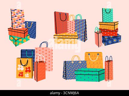 Ensemble de piles de boîtes à chaussures avec divers achats de papier artisanal ou sacs-cadeaux. Sacs pour les achats, présente en dessin animé rétro. Shopping, concept de vente. Banque D'Images