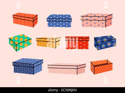 Ensemble de boîtes à chaussures et divers achats ou cadeaux. Boîtes colorées pour les achats en dessin animé rétro. Shopping, vente, mode, beauté. Illustration plate. Banque D'Images