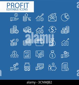 Jeu de bénéfices financiers d'icônes Web dans le style de ligne. Collection d'icônes linéaires de revenus monétaires. Contenant de l'argent épargne, finance, croissance, investissement, paiement, Illustration de Vecteur