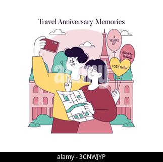 Illustration vectorielle d'un couple célébrant son anniversaire de voyage en prenant un selfie devant un point de repère. Ils tiennent des ballons et une carte, symbolisant l'aventure et la joie. Illustration de Vecteur