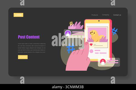 Main interagissant avec l'application de médias sociaux sur smartphone, présentant des commentaires et des J'aime. Illustration vectorielle lumineuse et engageante parfaite pour les thèmes de marketing numérique et les visuels de communication en ligne. Illustration de Vecteur