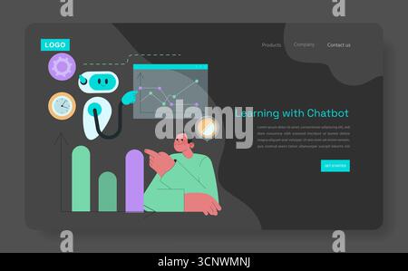 Illustration vectorielle montrant une personne interagissant avec un chatbot sur une interface numérique. L’image présente des graphiques et des graphiques, mettant en évidence l’aspect apprentissage du chatbot axé sur l’IA. Illustration de Vecteur