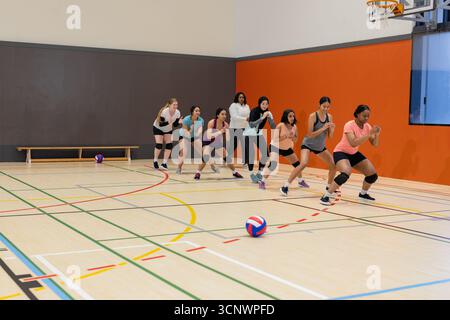Diverses coéquipières féminines de volleyball pratiquant l'exercice de dépassement sur un terrain de volleyball Banque D'Images