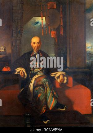 Chine : Howqua, de son vrai nom Hong Bingjian (1769 - 4 septembre 1843), marchand de Hong à Canton. Huile sur toile peinture de ester Speakman (1832-1875) dans le style de George Chinnery (1774-1852), v. 1843. Howqua était le plus important des marchands de Hong dans les treize usines, chef de l'E-WO hong et chef du canton de Cohong. Il était autrefois l'un des hommes les plus riches du monde, faisant sa richesse pendant la première Guerre de l'opium. Né à Fujian, en Chine, il était connu en Occident sous le nom de Howqua (le second). Son père, Wu Guorong était également Howqua (le premier) et était le fondateur de l'entreprise familiale. Banque D'Images