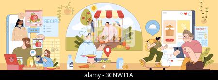Illustration vectorielle représentant une scène dynamique de diverses activités culinaires, y compris le partage de recettes en ligne, les achats sur le marché, la cuisine et la livraison de nourriture, mettant en valeur une communauté alimentaire dynamique. Illustration de Vecteur