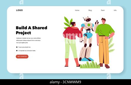 Illustration vectorielle de deux personnes s’engageant avec un robot sur une plateforme de projet partagée. La scène symbolise le travail d'équipe, l'innovation et l'intégration de la technologie dans les efforts de collaboration. Illustration de Vecteur