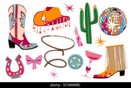 Éléments de fête de cowgirl disco avec bottes et chapeau WESTERN, cactus et accessoires de piste de danse. Fer à cheval et rouge à lèvres rétro, botte à franges et boule miroir pour des décorations de festival vibrantes avec des étoiles. Illustration de Vecteur