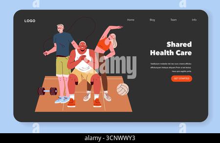 L’équipe de fitness s’engage dans des activités d’exercice et de santé ensemble sur une plateforme numérique. L'illustration montre trois personnes diverses montrant le travail d'équipe et l'enthousiasme sportif dans un contexte lié à la santé. Illustration de Vecteur