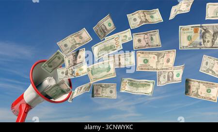 Annonce gagnante - Megaphone pulvérise des billets en dollars américains Banque D'Images