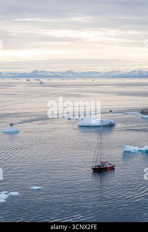 Un voilier serein navigue dans les eaux glacées parmi les icebergs flottants à Ilulissat, au Groenland. La scène tranquille capture l'essence de l'été Abov Banque D'Images