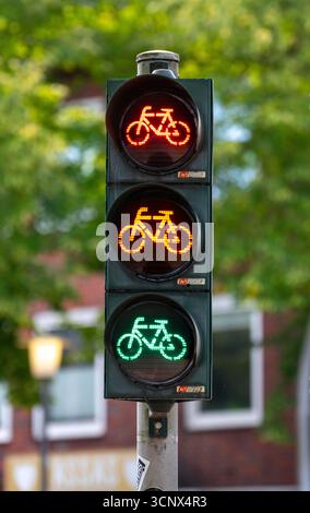 Cyclisme à Münster, feux de circulation à vélo, feux de circulation exclusivement pour les cyclistes, sur une piste cyclable dans le centre-ville, à côté d'une route pour les voitures, Nort Banque D'Images