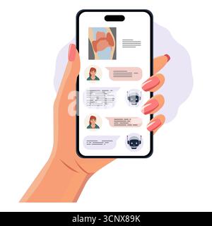 Main féminine tenant smartphone montrant le chat avec l'assistant numérique et l'utilisateur, concept d'IA. vecteur Illustration de Vecteur