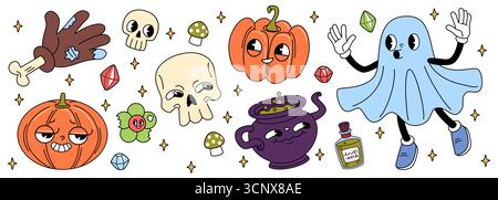 Personnages mignons groovy Halloween avec citrouilles, fantôme et crâne pour une décoration de fête rétro. Éléments effrayants amicaux avec chaudron, bouteille de potion, champignons et cristaux. Icônes de vacances d'octobre de dessin animé Illustration de Vecteur