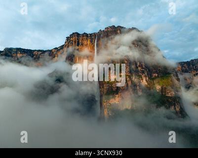Vue aérienne des chutes Angel en cascade depuis le plateau de Auyán-tepui, enveloppées de nuages éthérés et de brume, Parc national de Canaima, Bolívar, Venezuela. Banque D'Images