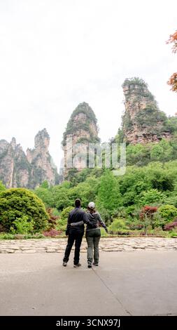 Un couple admire les majestueuses montagnes karstiques du parc forestier national de Zhangjiajie, entouré de verdure luxuriante. La beauté naturelle du parc offre de la brasserie Banque D'Images