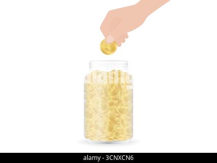 Main mettant la pièce dans le pot d'argent. Pot en verre avec pièces de monnaie. Croissance de l'argent, de l'épargne et du concept d'investissement. Illustration de Vecteur