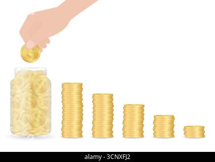 Main mettant la pièce dans le pot d'argent. Pot en verre avec pièces de monnaie. Croissance de l'argent, de l'épargne et du concept d'investissement. Illustration de Vecteur