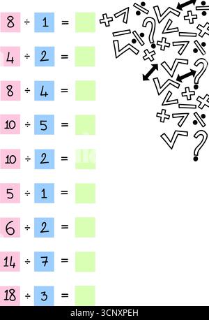 Feuille de travail de division simple pour les enfants avec des symboles mathématiques dessinés à la main et un point d'interrogation sur fond blanc. Activité mathématique éducative Illustration de Vecteur