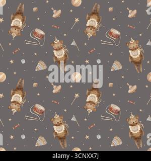 Motif aquarelle ours vintage, ours en peluche, jouets, toupie, pyramide, tambour, boule, cubes, étoiles. Illustration dessinée à la main dans un style enfantin Banque D'Images