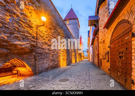 Tallinn, Estonie. Rue médiévale et tour Epping dans la vieille ville, l'un des systèmes de fortifications médiévales les mieux conservés en Europe. Banque D'Images