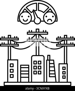 Un dessin noir et blanc d'une ville avec une voiture et un compteur de vitesse. Le compteur de vitesse indique une vitesse basse, et la voiture sourit. La scène est Lighthearte Illustration de Vecteur